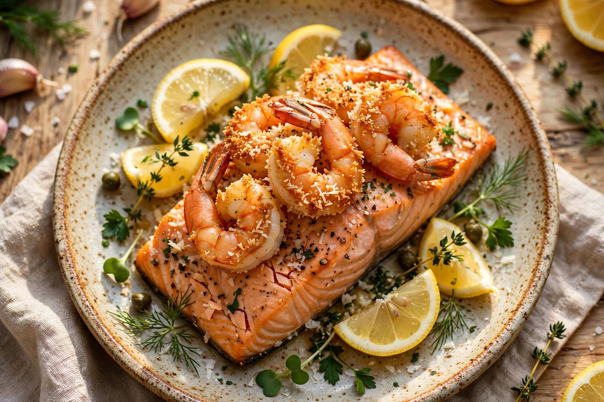 Baked Salmon with Lemon Parmesan Shrimp