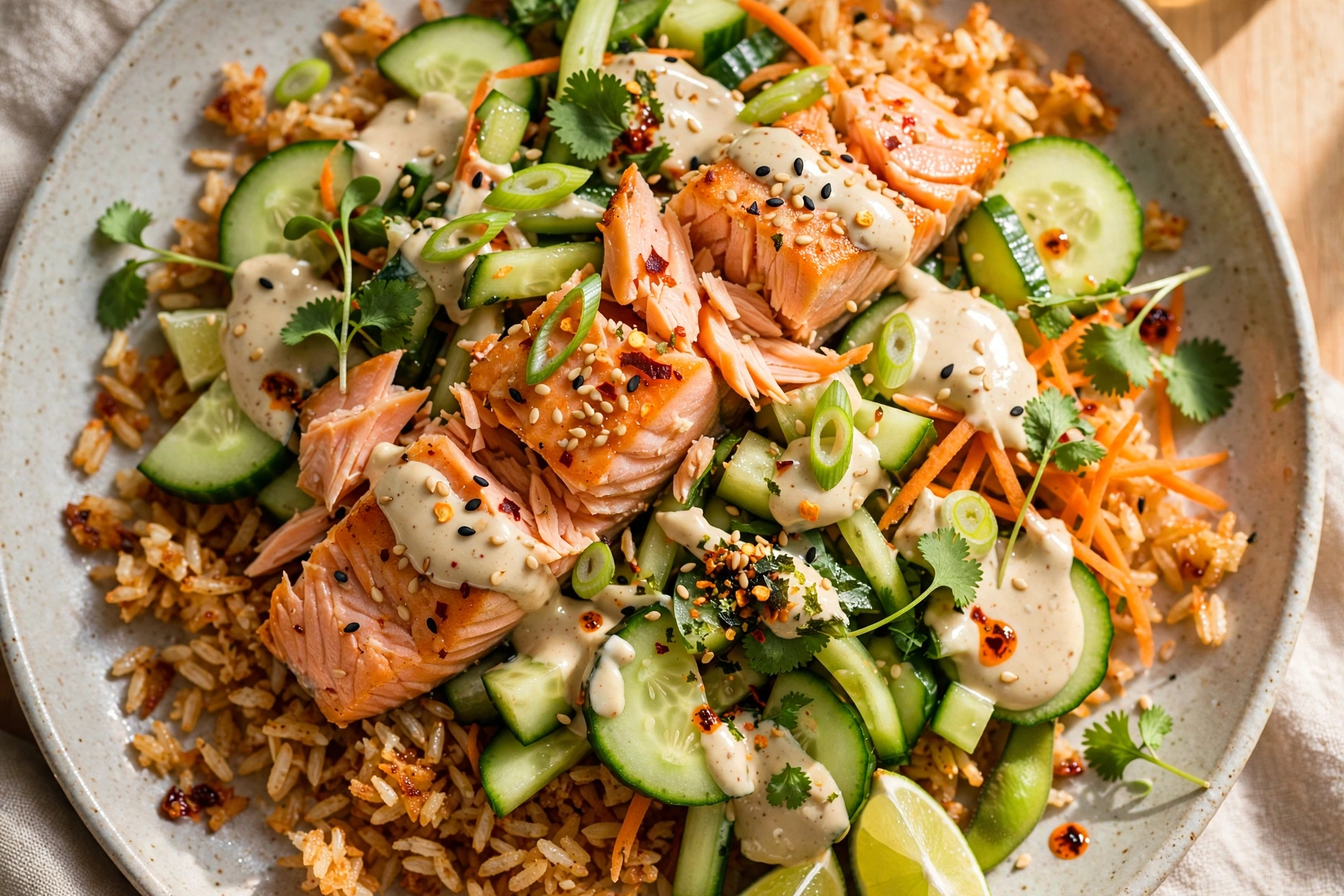 Crispy Rice Salmon Cucumber Salad with Creamy Asian Dressing